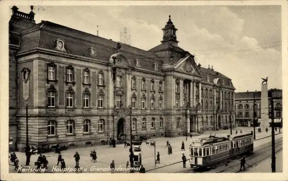 Ak Karlsruhe in Baden, Hauptpost, Grenadierdenkmal, Straßenbahn