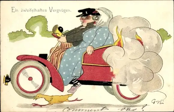 Künstler Ak Ein zweifelhaftes Vergnügung, brennendes Automobil