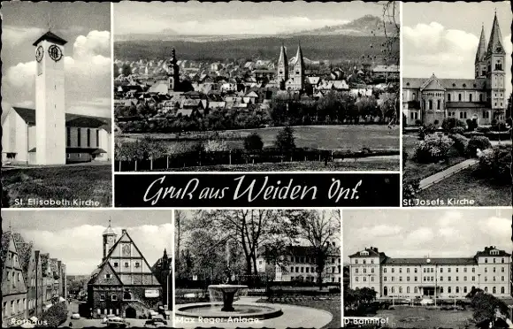 Ak Weiden in der Oberpfalz, St. Josefs Kirche, Bahnhof, St. Elisabeth Kirche