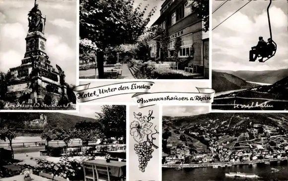Ak Assmannshausen Rüdesheim am Rhein, Hotel Unter den Linden, Denkmal, Panorama