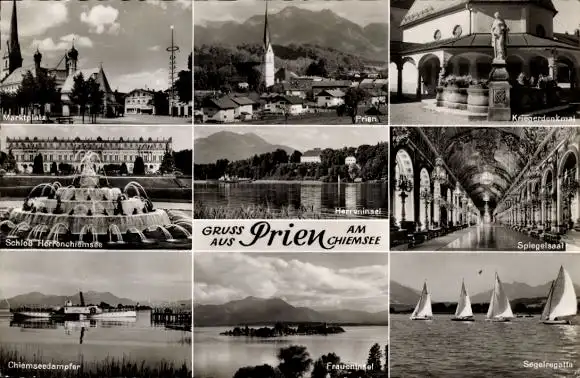 Ak Prien am Chiemsee Oberbayern, Spiegelsaal, Marktplatz, Segelregatta, Herreninsel