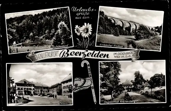 Ak Beerfelden Oberzent im Odenwald, Viadukt, Jagdschloss Krähenberg, Metzkeil, Waldseebad