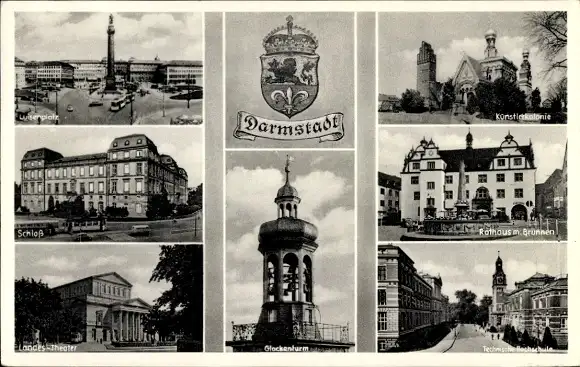 Ak Darmstadt in Hessen, Schloss, Landestheater, Glockenturm, Rathaus, Künstlerkolonie, Luisenplatz