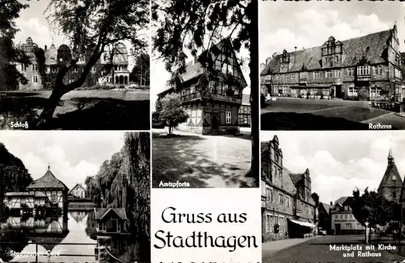 Ak Stadthagen Niedersachsen, Schloss, Amtspforte, Rathaus, Stadtgarten Café, Kirche, Rathaus, Markt