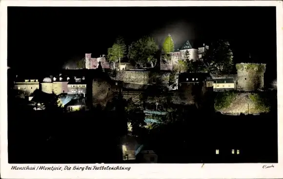 Ak Monschau Montjoie in der Eifel, Burg, Festbeleuchtung, Nacht