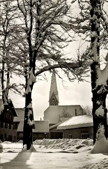 Ak Miesbach in Oberbayern, evangelische Kirche, Winter