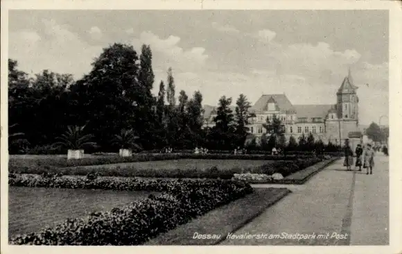 Ak Dessau in Sachsen Anhalt, Kavalierstraße am Stadtpark mit Post, Passanten, Blumenbeete