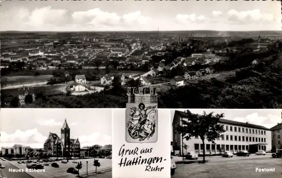Ak Hattingen an der Ruhr, Gesamtansicht, Neues Rathaus, Wappen, Postamt