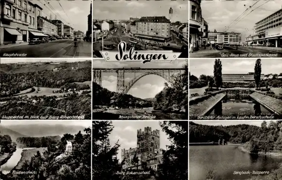 Ak Solingen im Bergischen Land, Hauptstraße, Stadtsparkasse, Wuppertal, Müngstener Brücke