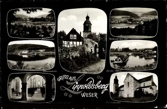 Ak Lippoldsberg Wahlsburg Weserbergland, Panorama, Kirche, Gewässer, Kircheninneres, an der Fähre