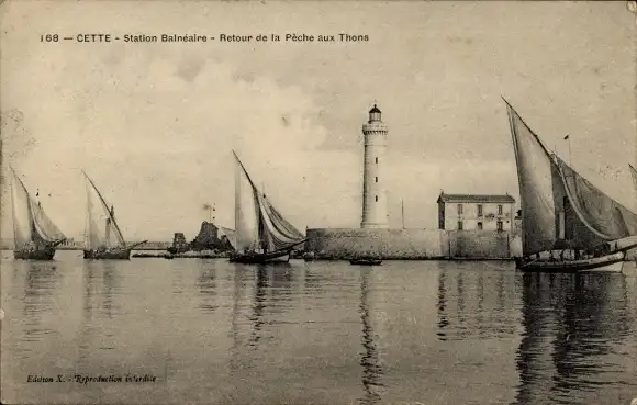 Ak Cette Hérault, Station Baineaire, Retour de la Peche aux Thons, Leuchtturm
