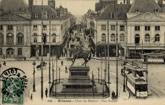 Ak Orléans Loiret, Place du Martroi, Rue Royale, Straßenbahn, Reiterstandbild