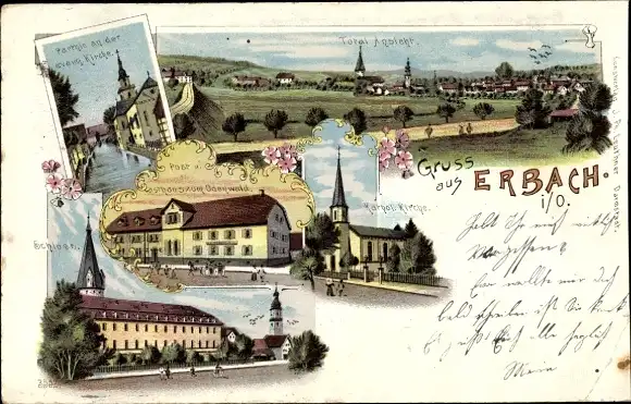 Litho Erbach im Odenwald Hessen, Post, Schloss, katholische Kirche, Totalansicht