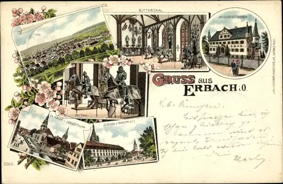 Litho Erbach im Odenwaldkreis Hessen, Jagdschloss Eulbach, Ritter, Marktplatz