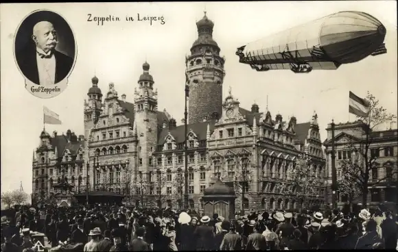 Ak Leipzig, Menschen blicken auf den Zeppelin, Portrait Graf Zeppelin