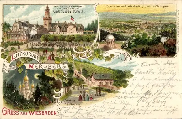 Mondschein Litho Wiesbaden in Hessen, Neroberg, Griechische Kapelle, Weinburg, Drahtseilbahn