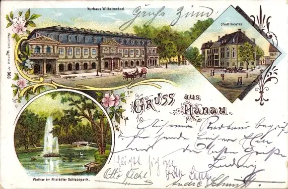 Litho Hanau im Main Kinzig Kreis Hessen, Kurhaus Wilhelmsbad, Stadttheater, Weiher im Schlosspark