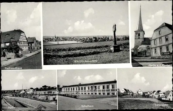 Ak Waigolshausen Unterfranken, Panorama, Schule, Kirche, Fachwerkhaus, Teilansicht