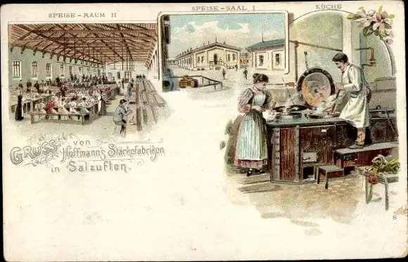 Litho Bad Salzuflen in Lippe, Hoffmanns Stärkefabriken, Arbeiter, Speisesaal, Küche, Reklame