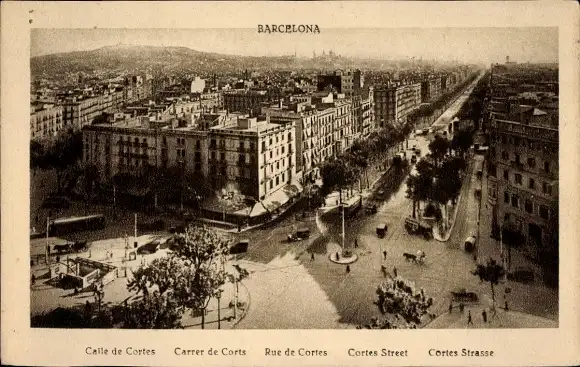 Ak Barcelona Katalonien, Calle de Cortes, Cortes Straße, Teilansicht der Stadt