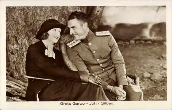 Ak Schauspielerin Greta Garbo, Schauspieler John Gilbert, Filmszene Anna Karenina