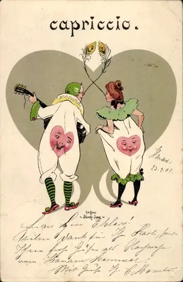 Künstler Litho Capriccio, Clown mit Gitarre, Frau, Kostüme, Herzen auf dem Po, Harlekin