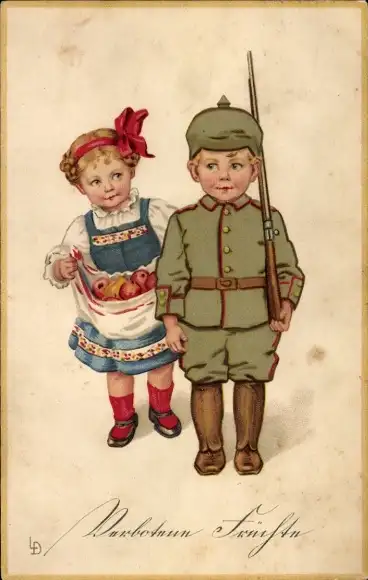 Künstler Ak Döring, Lia, Verbotene Früchte, Junge in Uniform, Mädchen