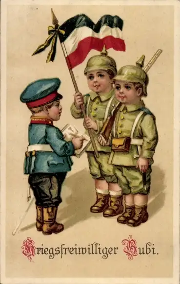 Ak Kriegsfreiwilliger Bubi, Kinder spielen Soldaten, Uniform, Pickelhaube, Fahne
