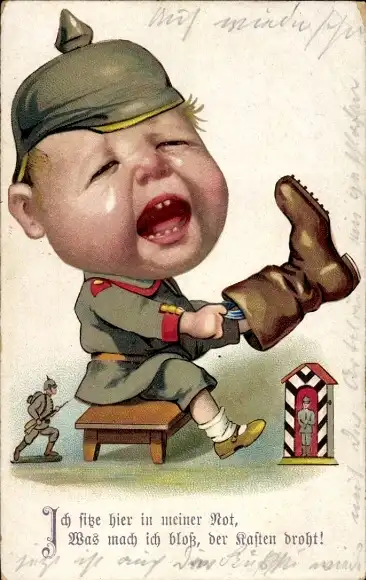 Ak Ich sitze hier in meiner Not, weinender Junge in Uniform, Stiefel