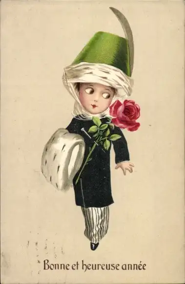 Präge Ak Glückwunsch Neujahr, Dame mit grünem Hut, Rose