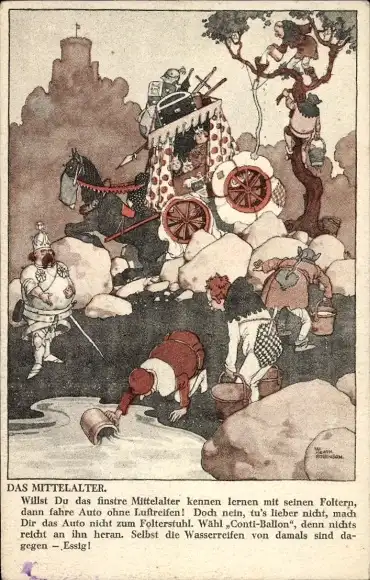 Ak Reklame, Die Entwicklung des Continental Reifens, Bild 3, Mittelalter