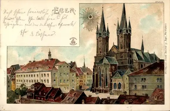 Sonnen Litho Cheb Eger Reg. Karlsbad, Blick auf die Kirche