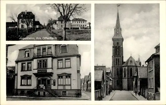 Ak Jügesheim Rodgau in Hessen, Kirche, Straßenpartie, Rodgau Apotheke