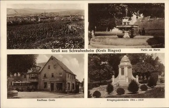 Ak Schwabenheim in Rheinhessen, Gesamtansicht, Markt, Brunnen, Kaufhaus Goetz, Kriegerdenkmal