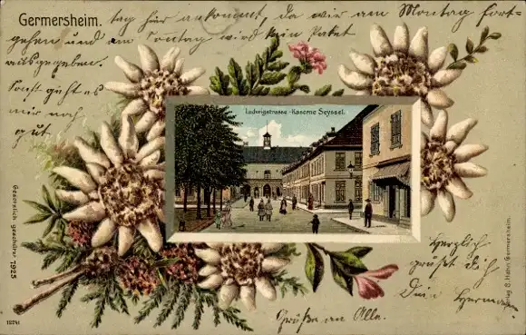 Präge Passepartout Litho Germersheim am Rhein, Ludwigstraße, Kaserne Seyssel, Edelweiß