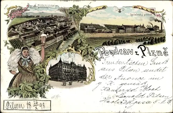 Litho Plzeň Pilsen Stadt, Brauerei, Frau in Tracht