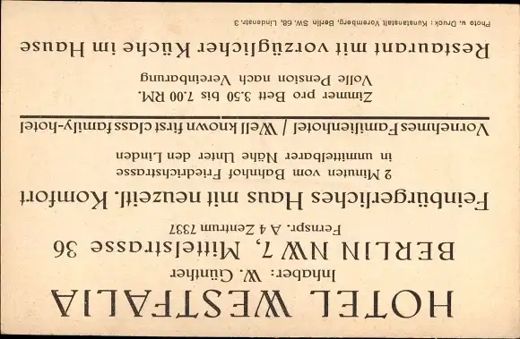 Ak Berlin, Hotel Westfalia, Mittelstraße 36