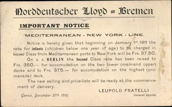 Ak Norddeutscher Lloyd Bremen, Mediterranean New York Line, 1910, Leupold Fratelli