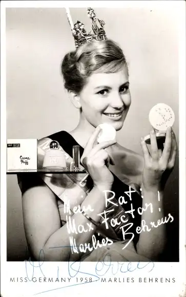 Ak Schauspielerin Marlies Behrens, Portrait, Miss Germany 1958, Werbung Max Factor, Autogramm