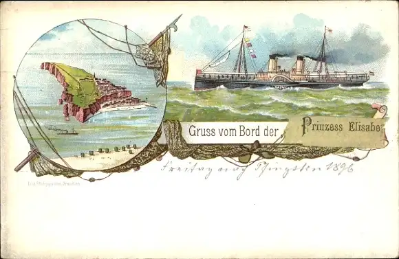 Litho Nordseeinsel Helgoland, Totalansicht, Dampfer Prinzess Elisabeth