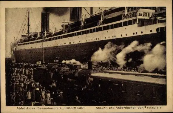 Ak Dampfer Columbus, Ankunft und Anbordgehen der Passagiere, Dampflok