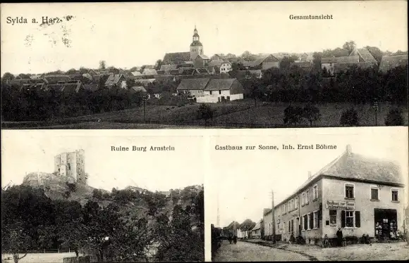 Ak Sylda Arnstein im Südharz, Ruine Burg Arnstein, Gasthaus zur Sonne, Totalansicht