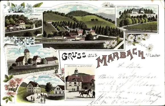 Litho Marbach an der Lauter Gomadingen Württemberg, Bahnhof, Pfarrei, Schloss Grafeneck, Gestüt