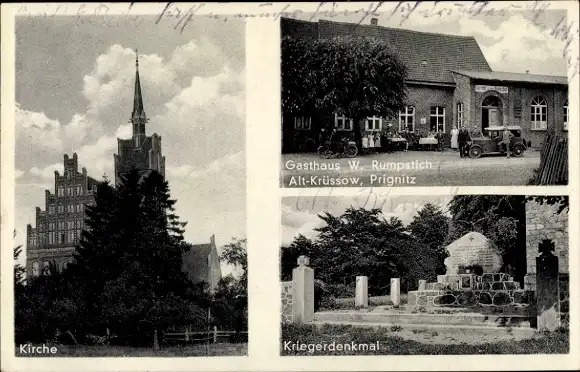 Ak Alt Krüssow Pritzwalk in der Prignitz, Kirche, Gasthaus, Kriegerdenkmal