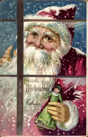Präge Ak Frohe Weihnachten, Weihnachtsmann am Fenster, Puppe