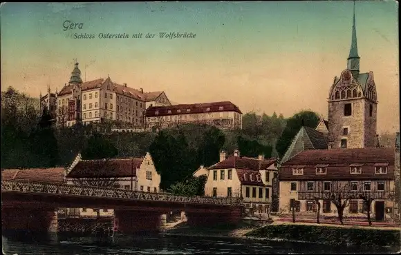 Ak Untermhaus Gera in Thüringen, Schloss Osterstein, Wolfsbrücke, Kirche