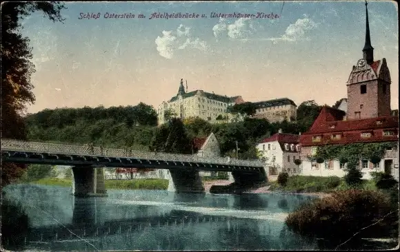 Ak Untermhaus Gera in Thüringen, Schloss Osterstein, Adelheidbrücke, Kirche
