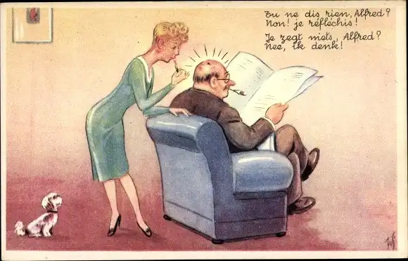 Künstler Ak Scheuermann, Willi, Frau benutzt Glatze von einem Mann als Spiegel