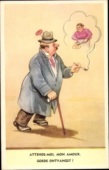 Künstler Ak Scheuermann ?, Betrunkener Mann, wütende Ehefrau im Zigarettenrauch