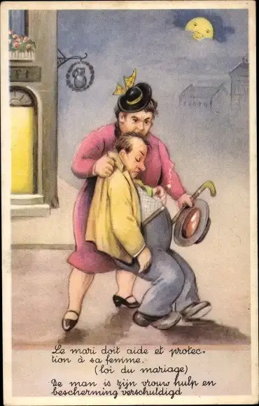 Künstler Ak Scheuermann, Willi, Ehefrau hat betrunkenen Mann am Kragen